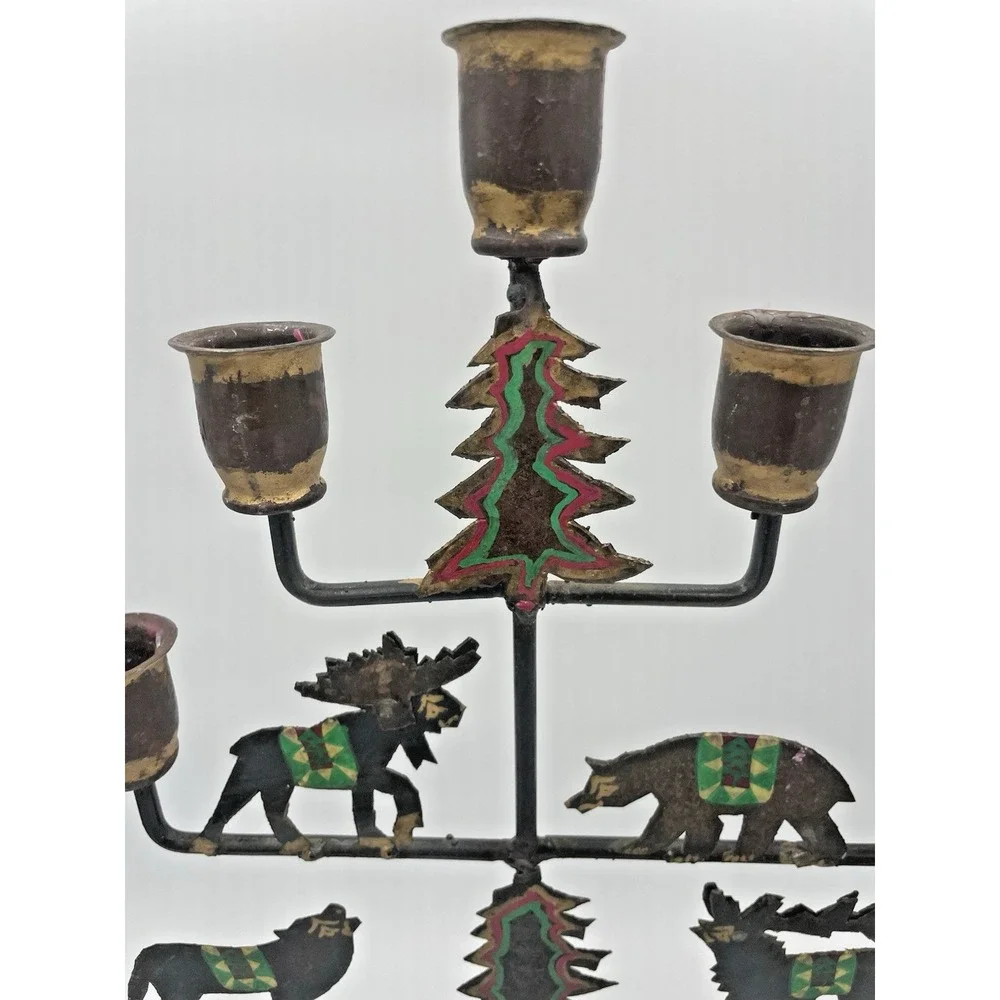 Vtg Handpainted Rustic Cabin Folk Art‎ 7 Taper Candelabra Wildlife Animals
